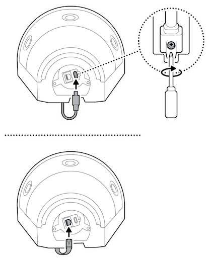 An illustration of the Ethernet cable or USB-C cable being plugged in, with an example of the security screw being tightened for a USB-C cable.