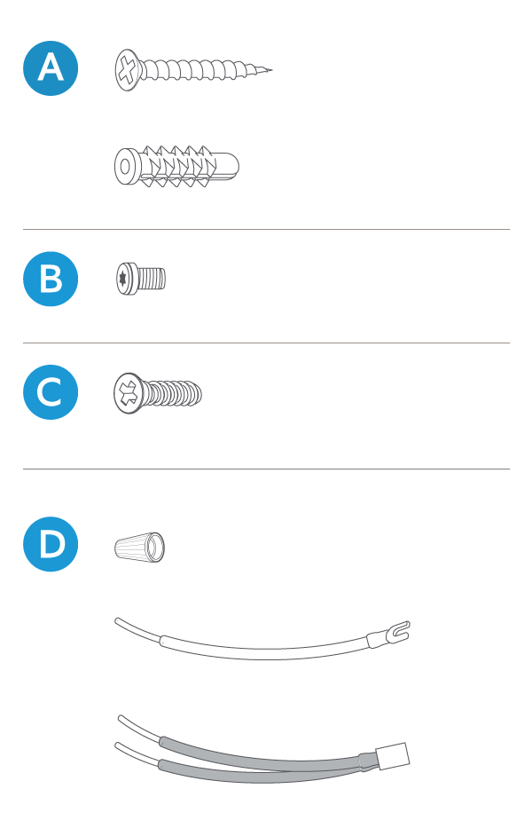 Included hardware components including screws, anchors, wire nuts, and cables for installation.