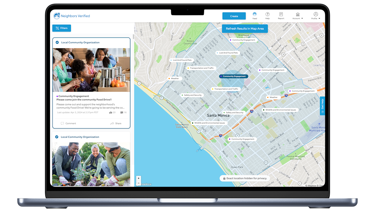 Image of Neighbors Verified interface of Local Community Organizations Post talking about a Food Drive