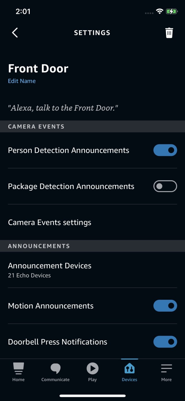 An Alexa device settings screen on iOS. Person Detection Announcements is toggled on.