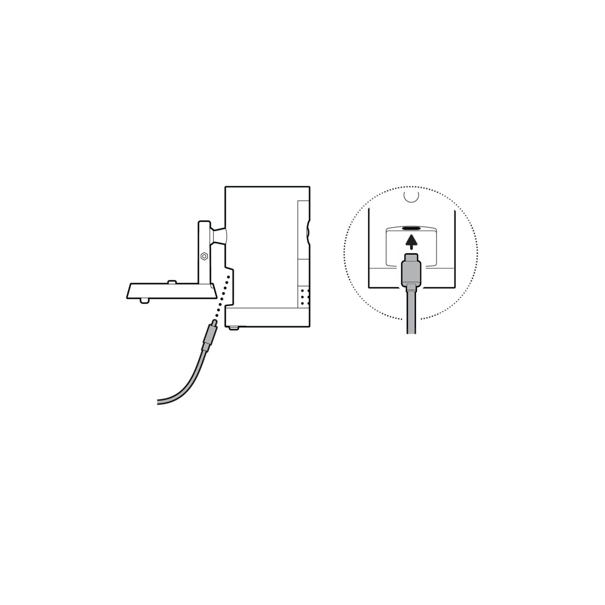 Illustration of how to plug in the USB-C power cable to the back of the device.