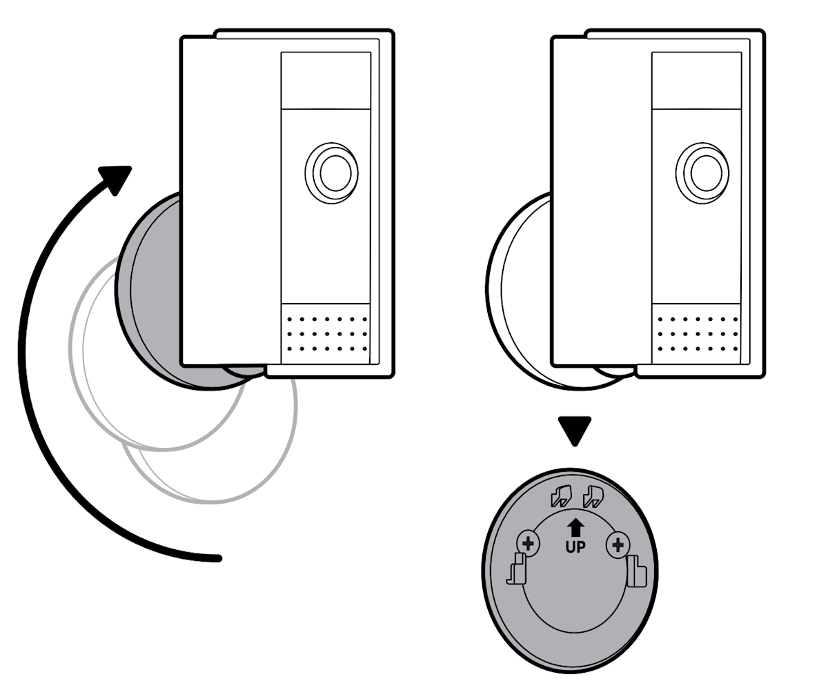 Illustration of Indoor Cam being installed on a wall by pivoting the base and sliding onto the mounting plate.