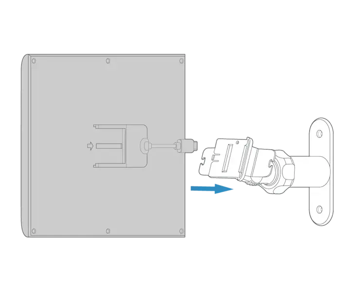 The back of a solar panel with a USB-C cable extended and an arrow pointing to the mount showing how to slide it onto the bracket until it clicks into place.