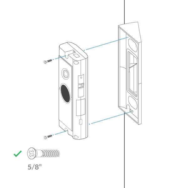 Diagram showing correct and incorrect mounting screw types for attaching doorbell to corner kit.