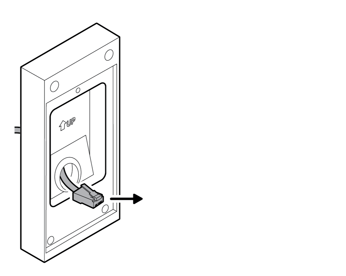 Ethernet cable with arrow pointing up threaded through junction box