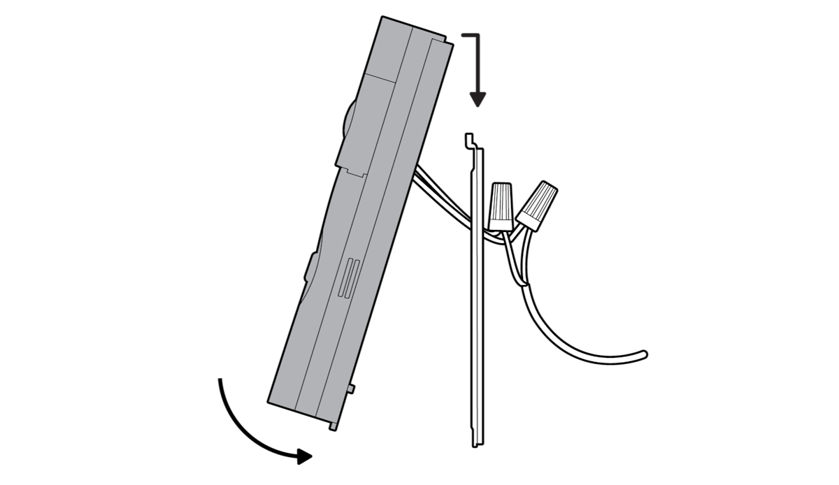 Diagram that shows how the Ring device hooks onto the wall mount with directional arrows