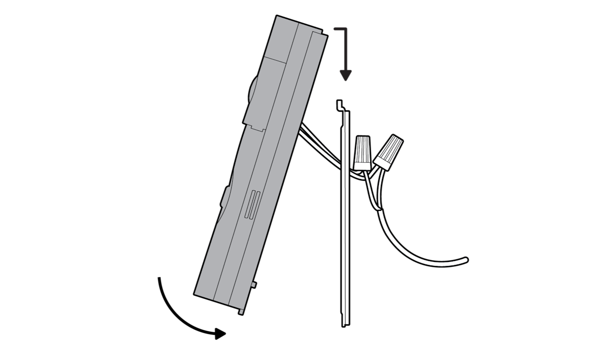 Diagram that shows how the Ring device hooks onto the wall mount with directional arrows