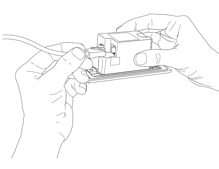 An illustration of one hand holding a doorbell face down with the other hand plugging an Ethernet cord into the port on the left side. 