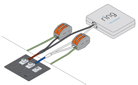 Illustration of the blue end of the white wire and the red end of the black wire from the Pro Power Kit connected to the "Transformer" terminal on your bell.