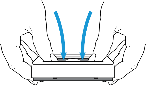 Two hands holding a Video Doorbell Wired face up and arrows pointing and thumbs pressing down, showing how to remove the faceplate.