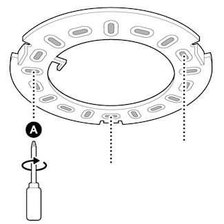 An illustration of the mounting plate being installed on a ceiling using the included screws, labeled A.