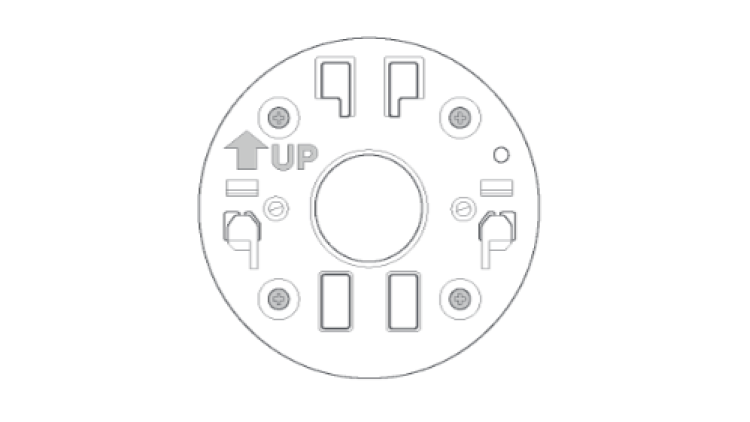 Illustration showing the mounting plate on the wall with the UP arrow pointing up.