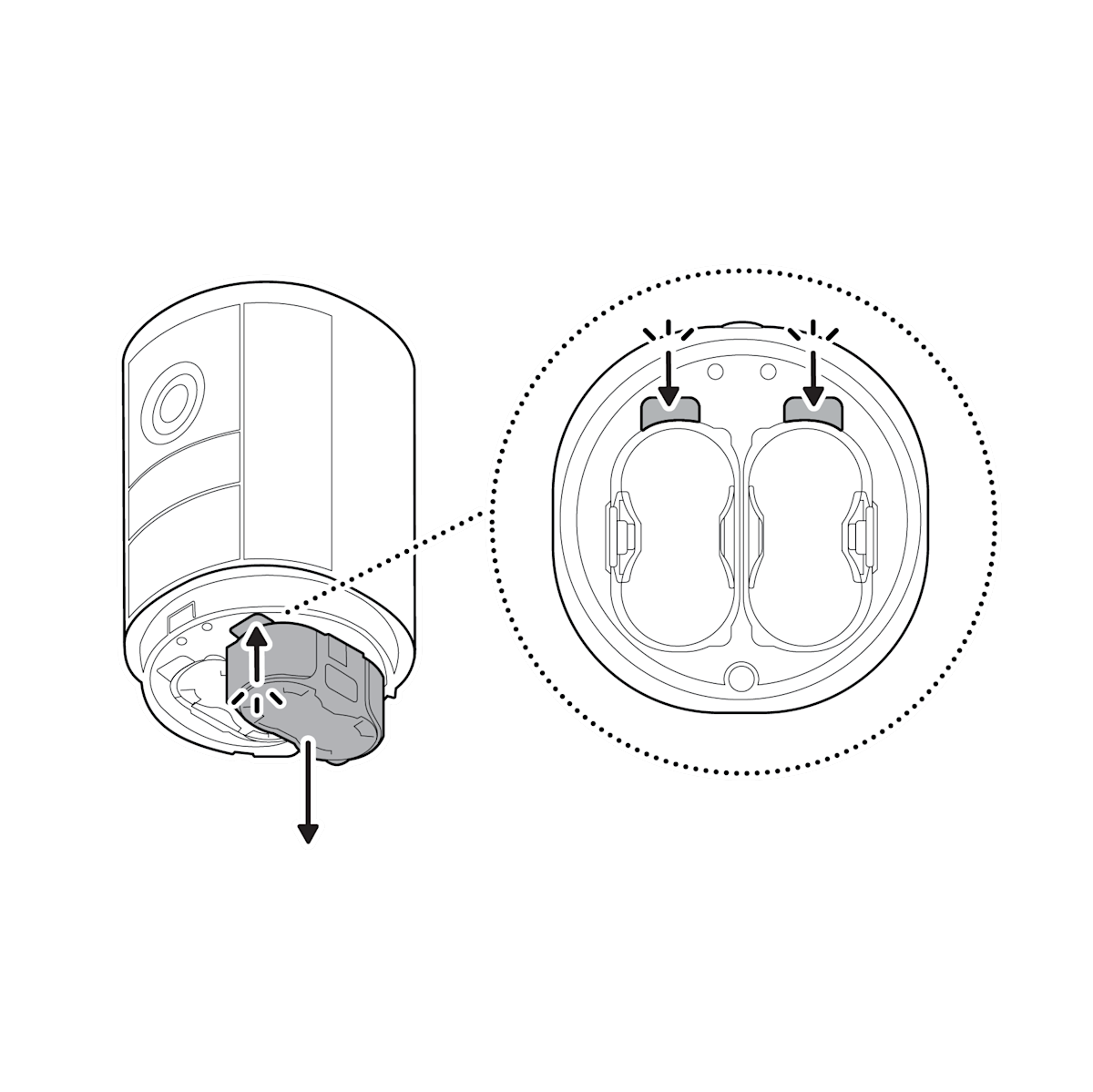 Battery compartment with arrow pointing to eject button and an arrow pointing down releasing the quick release battery pack