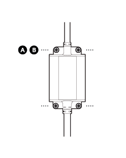 Illustration to show the power adapter secured to the wall with screws A and B.