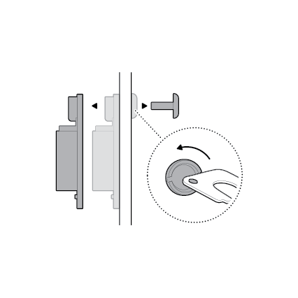 Illustration of using the peephole key to unscrew the slotted side, then sliding both halves of the viewer out on the Peephole Cam 2K.
