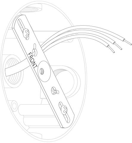 Floodlight Cam metal mounting bracket with the word FRONT facing out