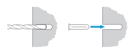 illustration of how to pre-drill the mounting holes in your wall then insert the wall anchors before inserting the screws when mounting on stucco, brick, or concrete.