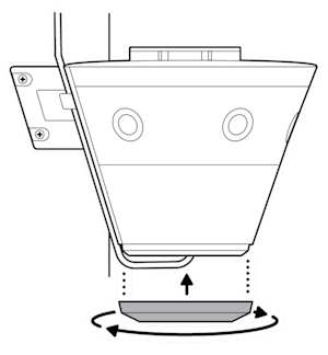 An illustration of the cable cover on the bottom of the camera being secured by turning it counter-clockwise.
