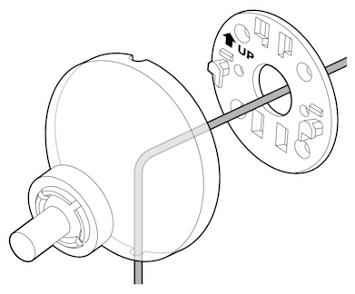 An illustration of the power or Ethernet cable being routed though a slot in the camera mount.