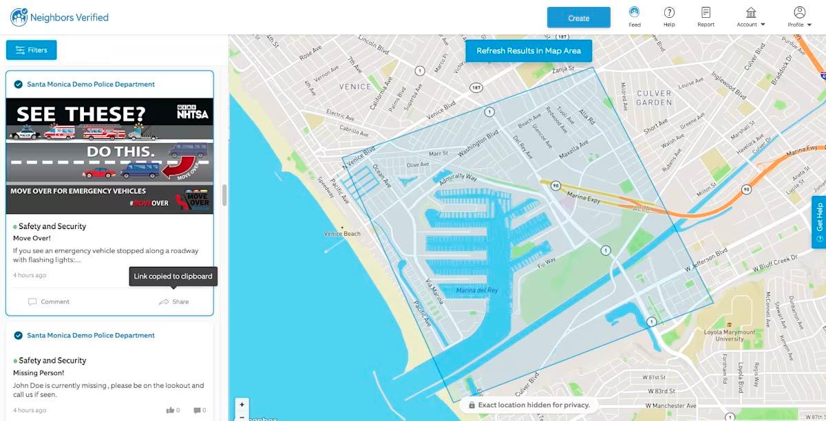 Neighbors Feed with Santa Monica Demo PD Post shared and map of relevant area.