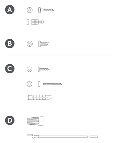 Hardware set showing A. mounting screws, anchors, B. security screw, C. longer mounting kit screws, anchor, D. wire connector and extender.
