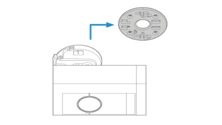 Illustration of how to attach the camera with its mount onto the mounting plate by sliding it into place.