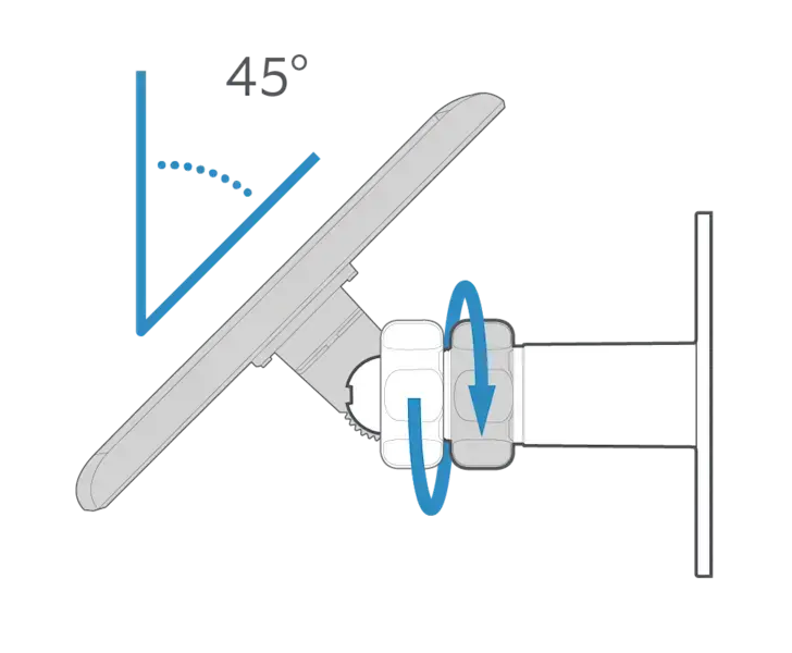 Illustration of a solar panel mounted at a 45-degree angle and an arrow circling downward showing tightening the nut once positioned. 