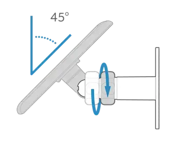 Illustration of a solar panel mounted at a 45-degree angle and an arrow circling downward showing tightening the nut once positioned. 