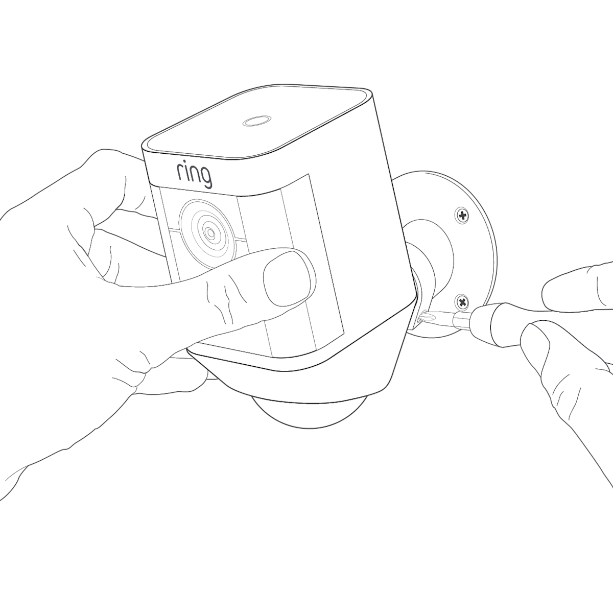 Illustration of Spotlight Cam with an arrow pointing to the security screw on the collar.