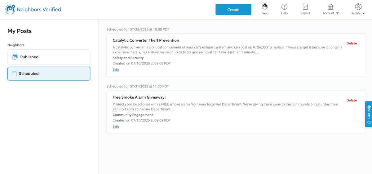 Neighbors verified view of scheduling post section with two post that are scheduled.