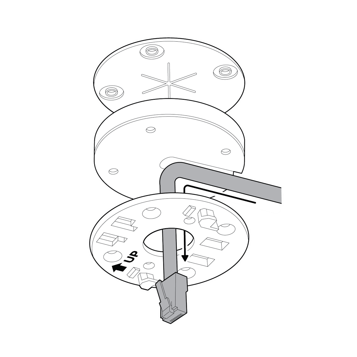 A camera mounting plate facing downward, an Ethernet cable, and a black arrow pointing left and down between the mounting plate and the spacer.