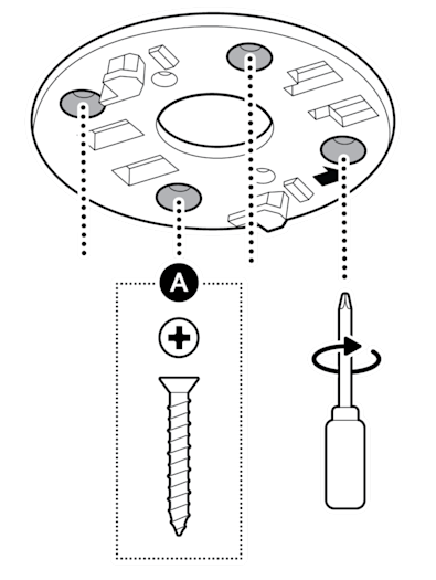 An example of the mounting plate being installed, turning the screwdriver clockwise to tighten the included screws.