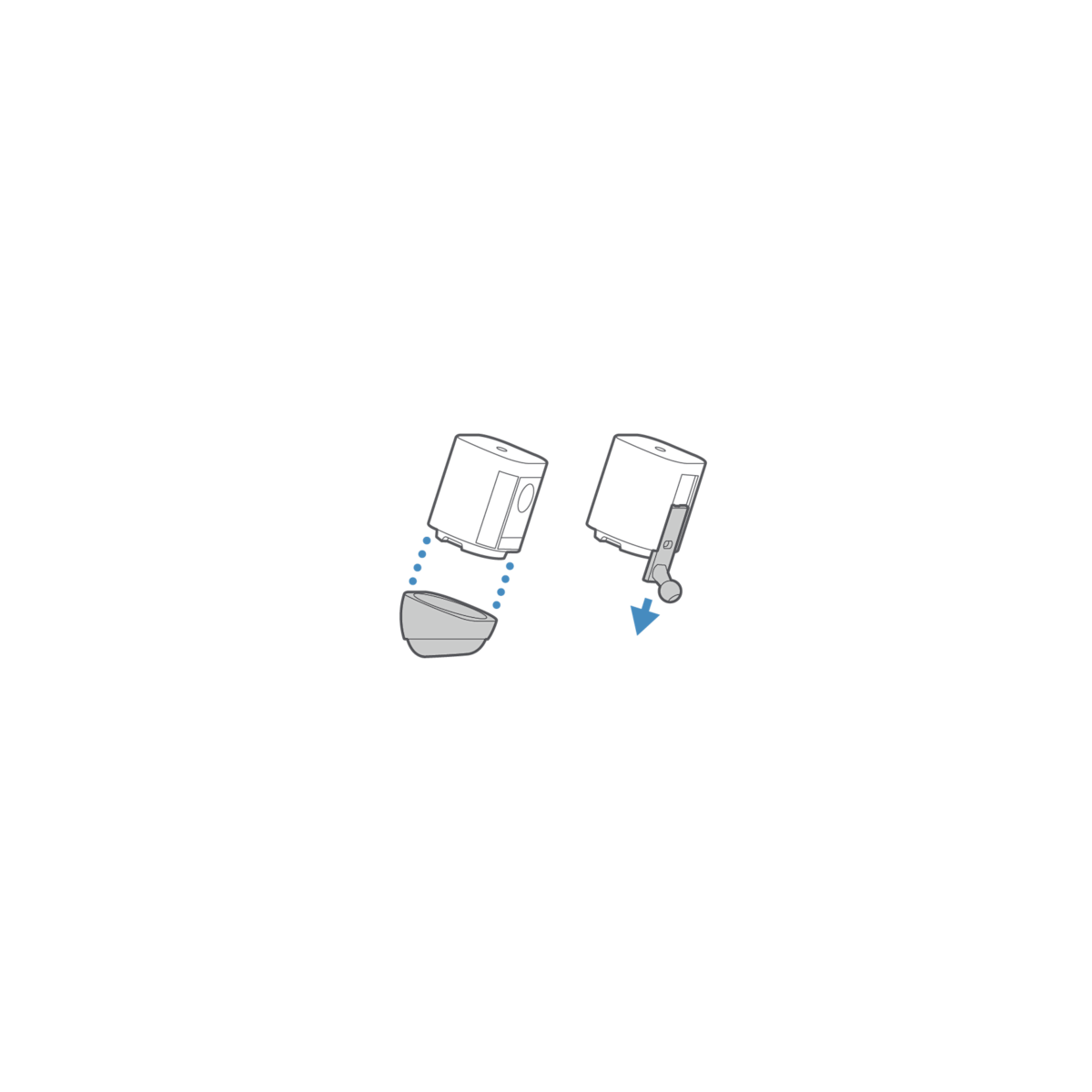 Illustration showing to remove the battery cover and attach the Camera, then replace the battery cover.