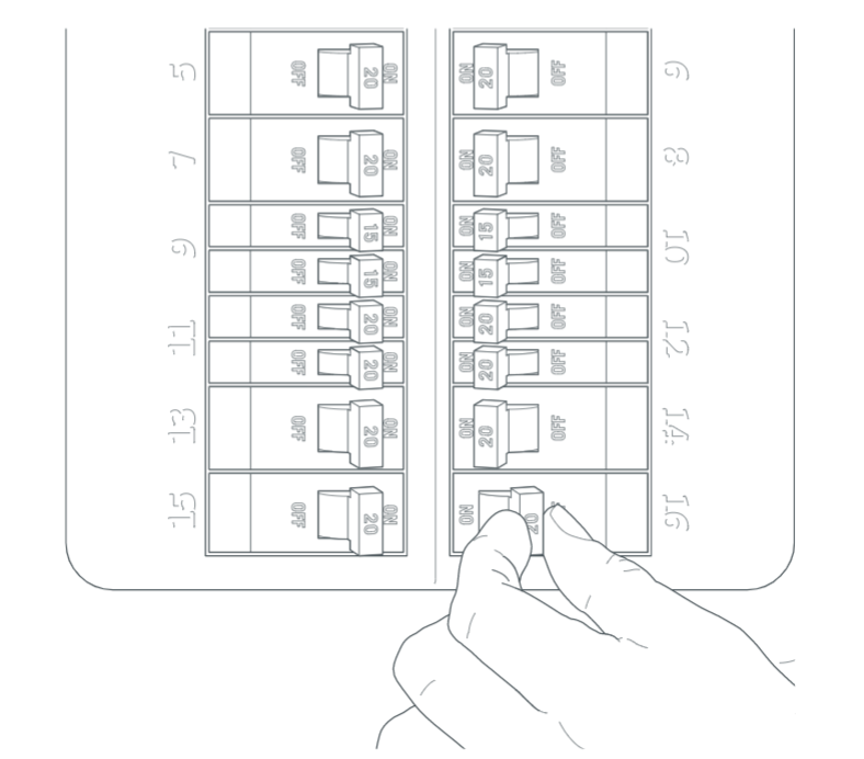 Circuit breaker diagram showing how to turn off power.