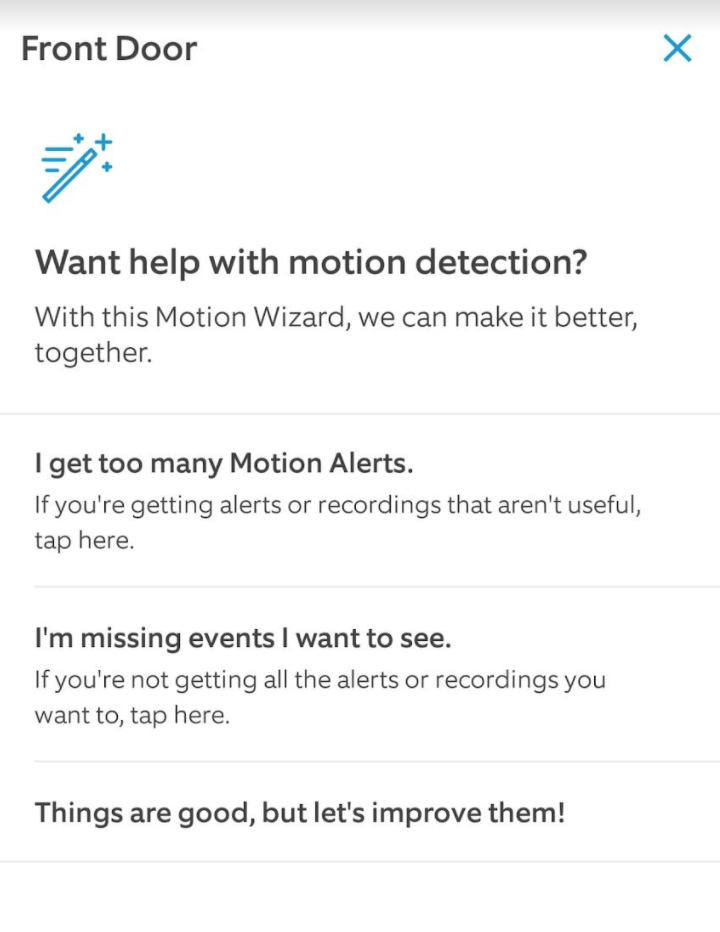 Image of Motion Wizard screen in the Ring app.