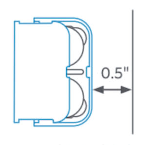 A Contact Sensor (2nd Generation) with an arrow showing it mounted half an inch from the wall and the cover sliding away from the wall with batteries.
