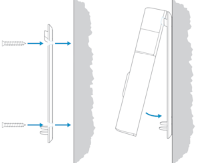 Illustration showing how to install a doorbell with a built-in battery to a wall with the mounting bracket.