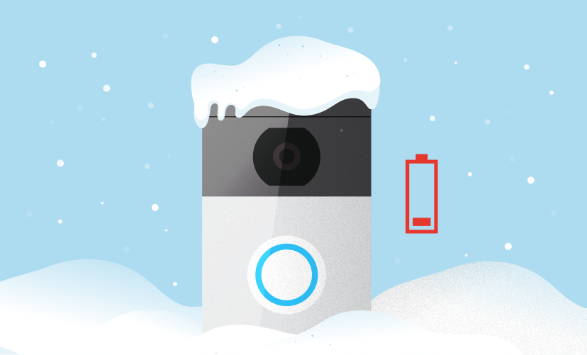 Illustration of Ring Video Doorbell in snow with low battery.