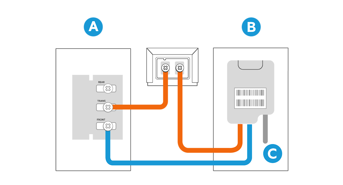 An illustration of a wiring diagram showing how to wire one Video Doorbell Elite to one internal doorbell chime and one transformer.