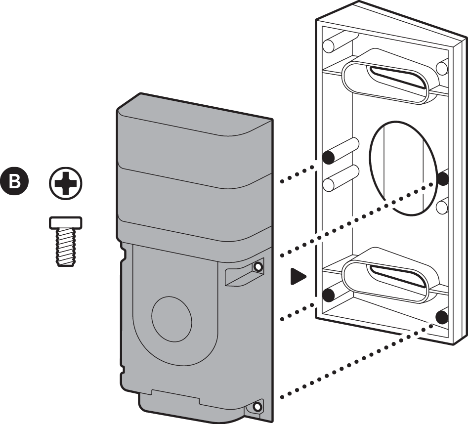 Illustration of how to attach the Ring Battery Doorbell to the Ring Corner Kit.