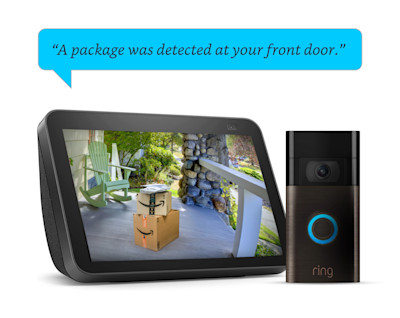 Echo Show 10 with Video Doorbell. The screen shows two packages at the front door.