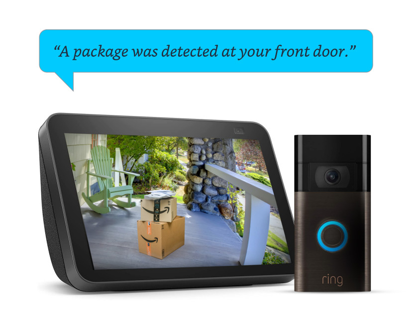 Echo Show 10 with Video Doorbell. The screen shows two packages at the front door.