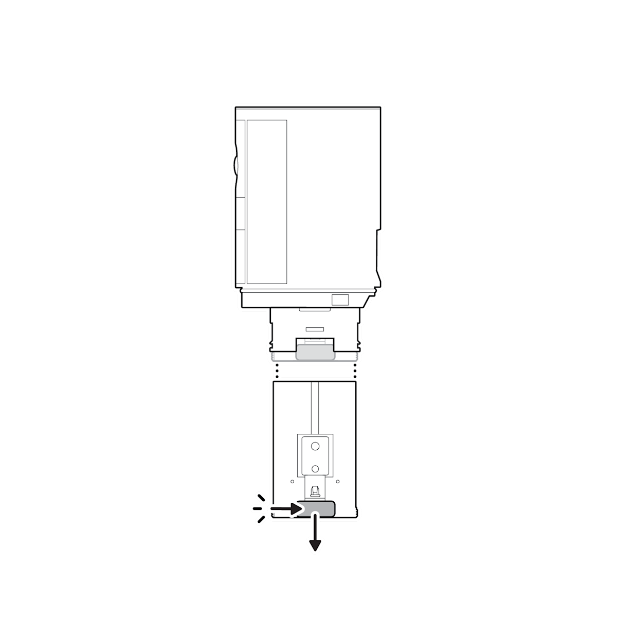 Battery with arrow pointing toward tab to press to release battery