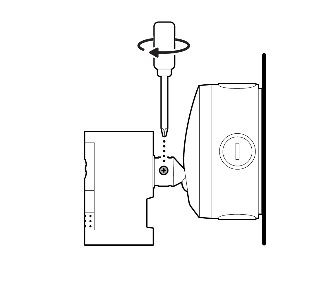 Illustration showing clockwise rotation of a screwdriver driving the security screw to mount the camera onto Power over Ethernet adapter.