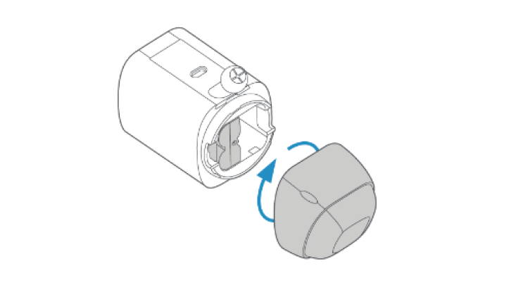 Illustration showing to twist the battery compartment cover clockwise to lock it and tighten the security screw.