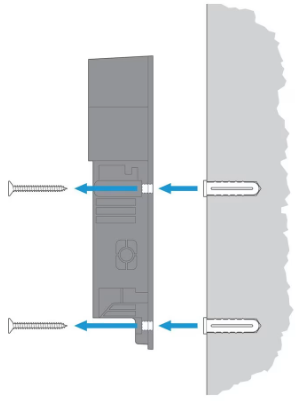 Illustration showing arrows pointing away from wall with screws out and doorbell with built-in battery away from wall.
