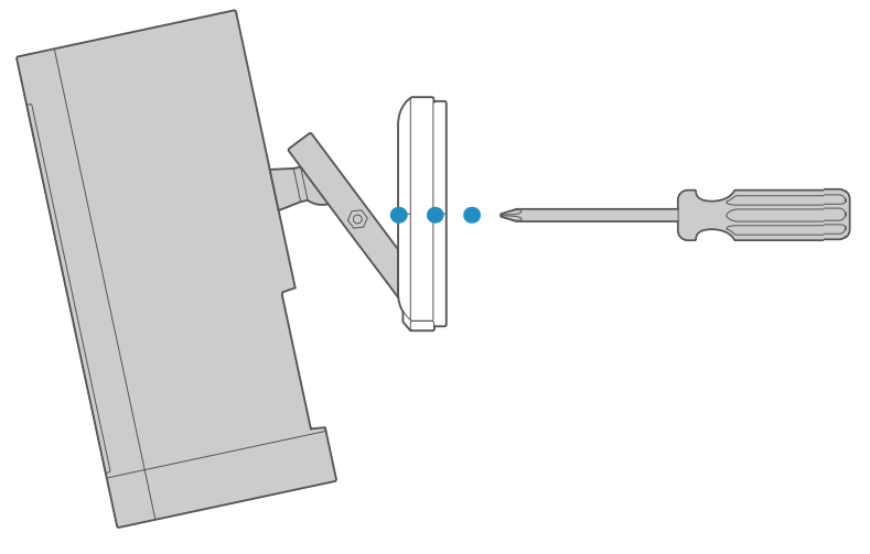 Illustration of a Stick Up Cam with a screwdriver and a blue dotted line pointing to the screw on the mounting arm showing how to secure it.