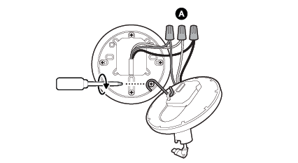 Technical diagram showing a screwdriver with rotating arrows and three wire connections labelled A
