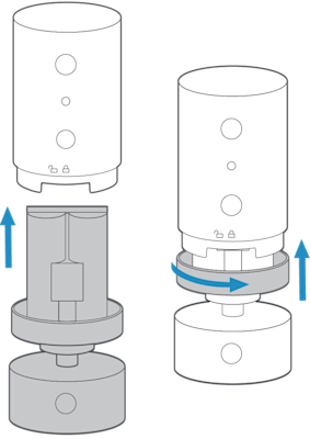 Technical diagram with blue arrows showing how to access the battery compartment for the Pan-tilt mount on the Outdoor Cam