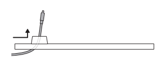Illustration of a power cable with an arrow pointing over and up, showing it routing through the opening in Candy Cam's mounting base.
